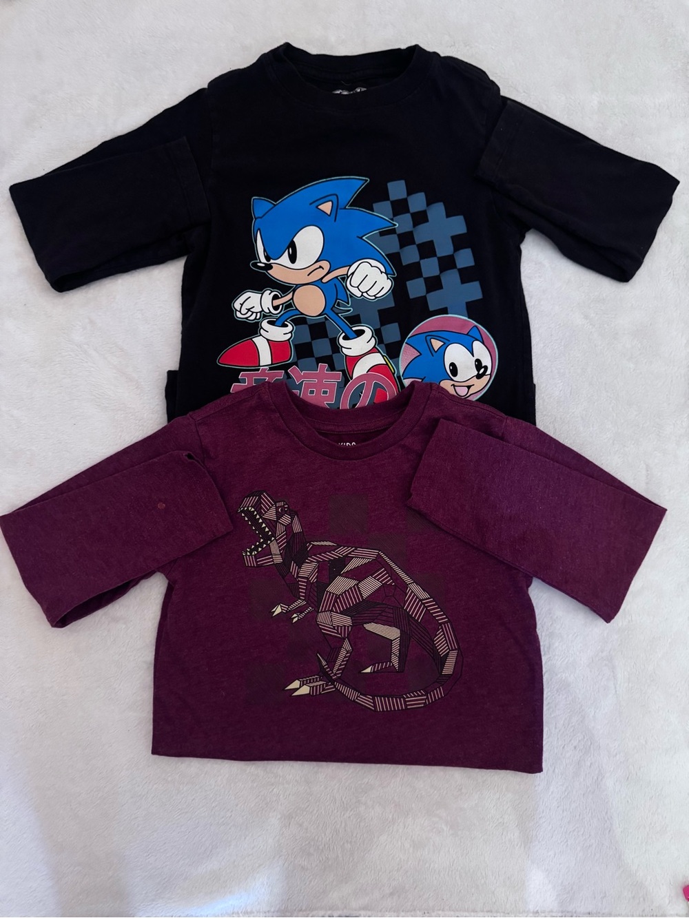 Black Sonic Graphic Tee with Blue Print and 365 Kids Garanimals T-Rex graphic.